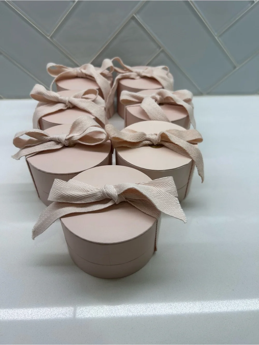 Round Gorjana Blush Pink Gift Boxes with Ribbon Lids - Set of 8
